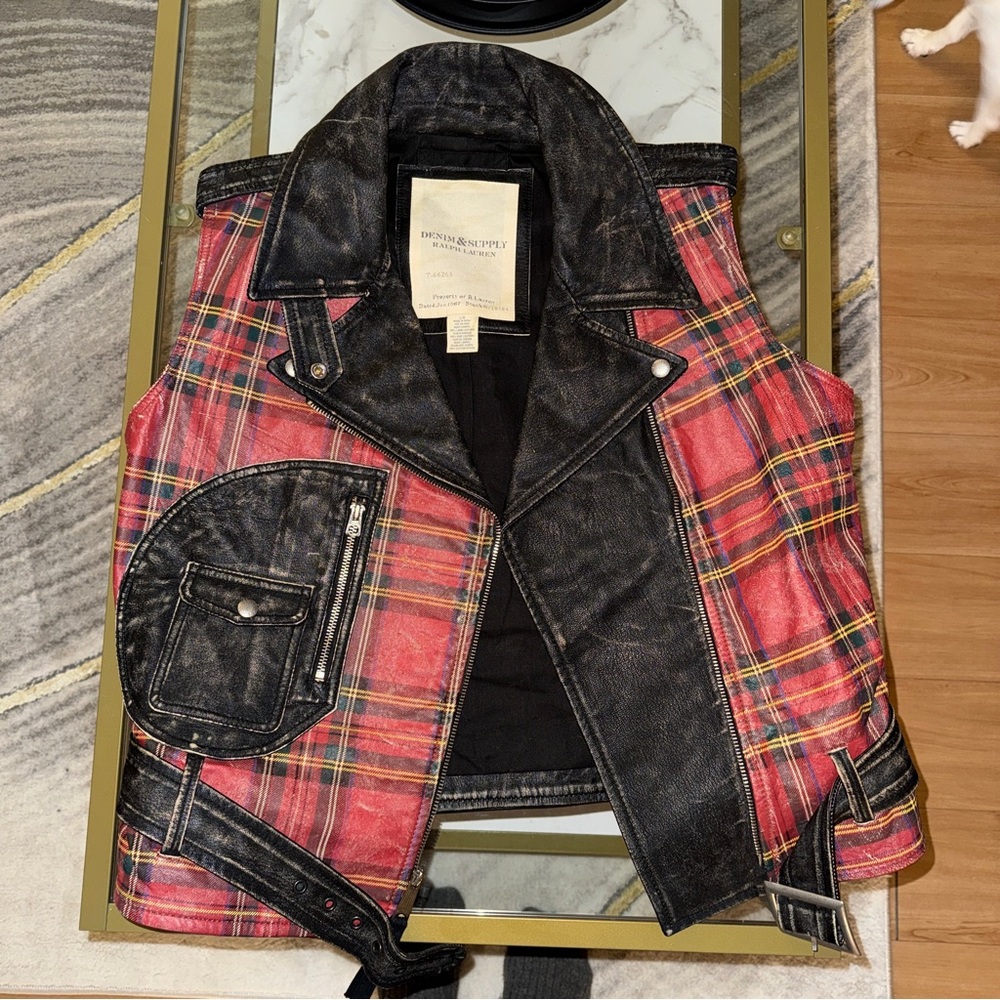 RARE Vintage Leather Ralph Lauren Black & Plaid Denim Vest